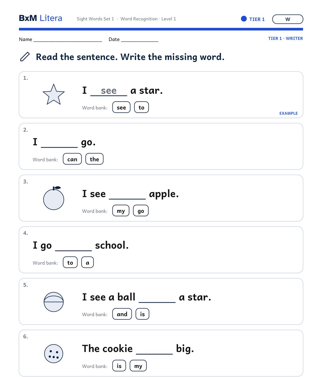 BxM Litera practice page: write the missing sight word