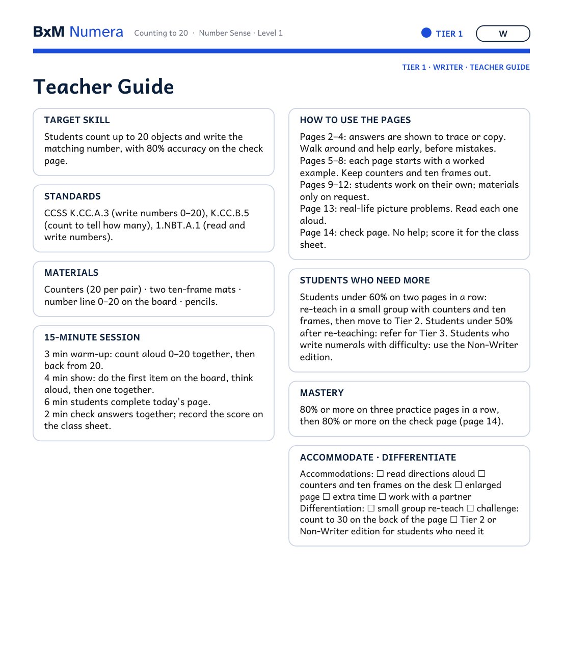 Teacher guide page with target skill, standards, materials and 15-minute session plan