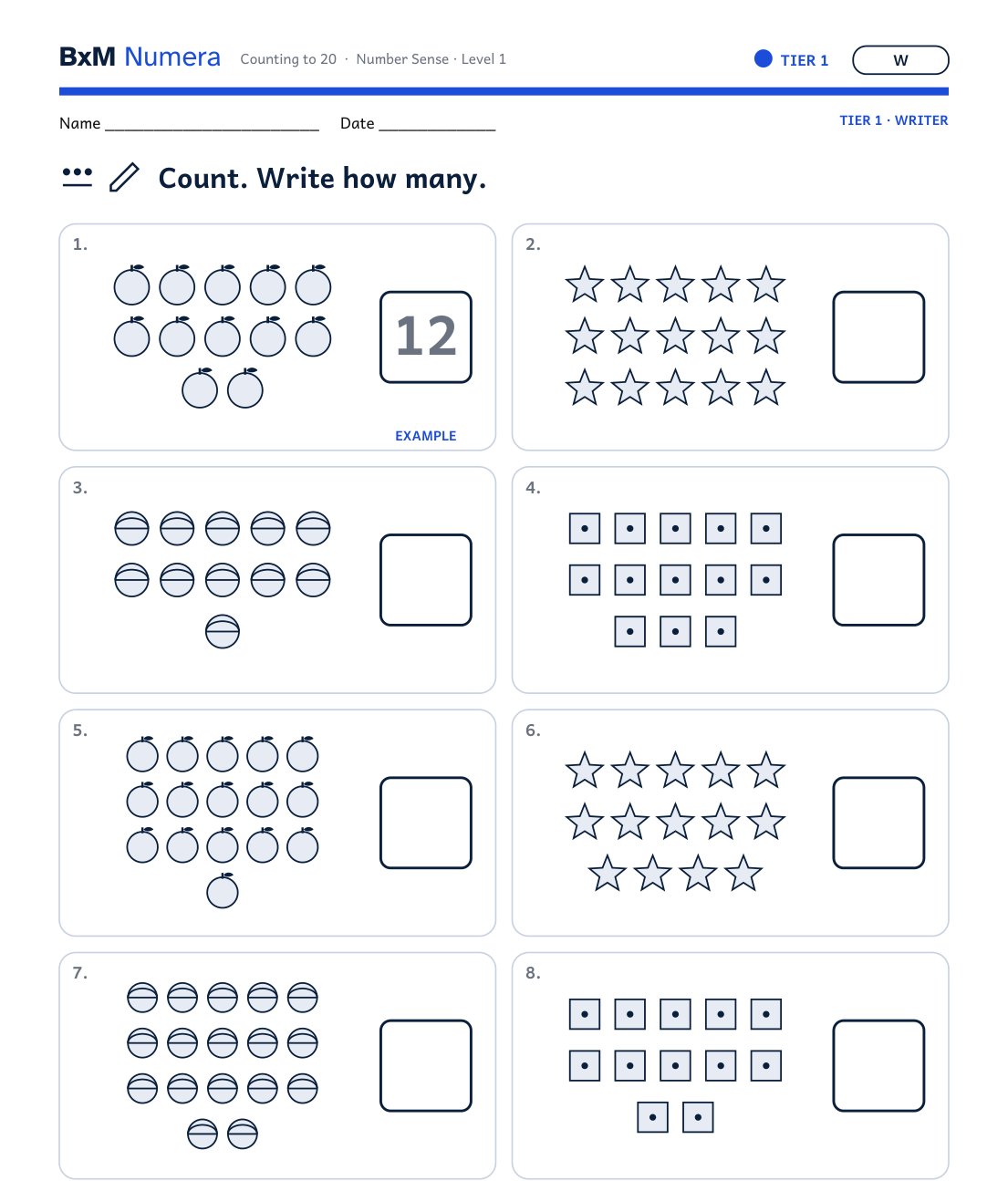 BxM Numera practice page: count and write how many
